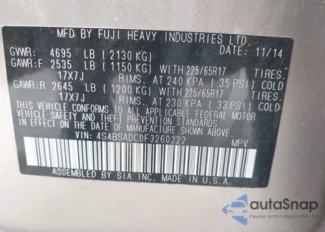 2015 Subaru Outback 2.5I Premium из США, поврежденный, VIN 4S4BSADC0F3260222